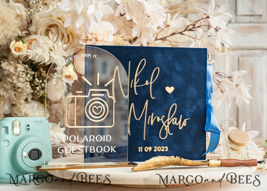 WEDDING GUEST BOOKS Instax Instant Photo Book Navy Blue Gold Acrylic Wedding Guest Book Personalised & sign set, Velvet Dark Blue Instant Photo Book Boho Elegant Instax Wedding Photo Guestbook