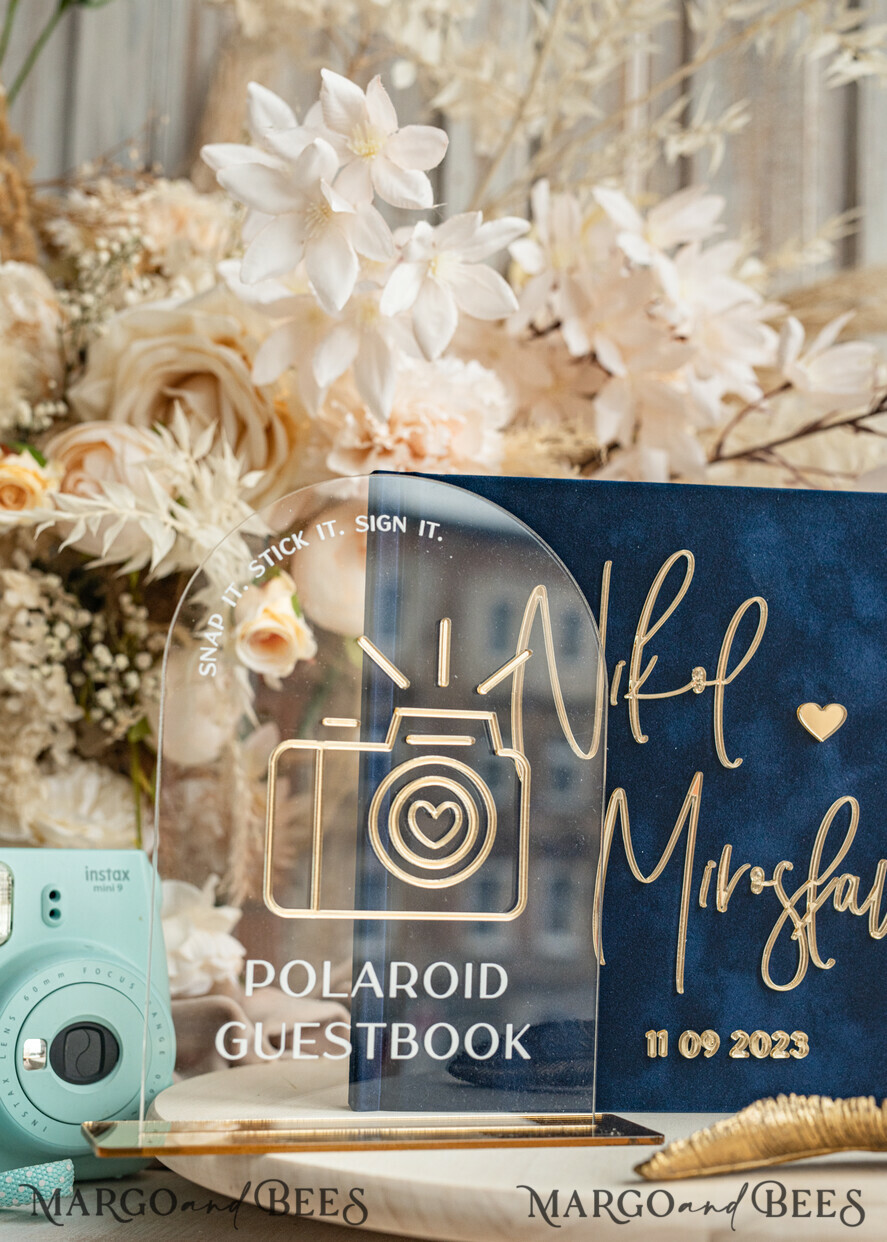 WEDDING GUEST BOOKS Instax Instant Photo Book Navy Blue Gold Acrylic Wedding Guest Book Personalised & sign set, Velvet Dark Blue Instant Photo Book Boho Elegant Instax Wedding Photo Guestbook