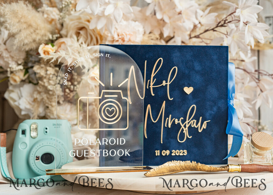 WEDDING GUEST BOOKS Instax Instant Photo Book Navy Blue Gold Acrylic Wedding Guest Book Personalised & sign set, Velvet Dark Blue Instant Photo Book Boho Elegant Instax Wedding Photo Guestbook