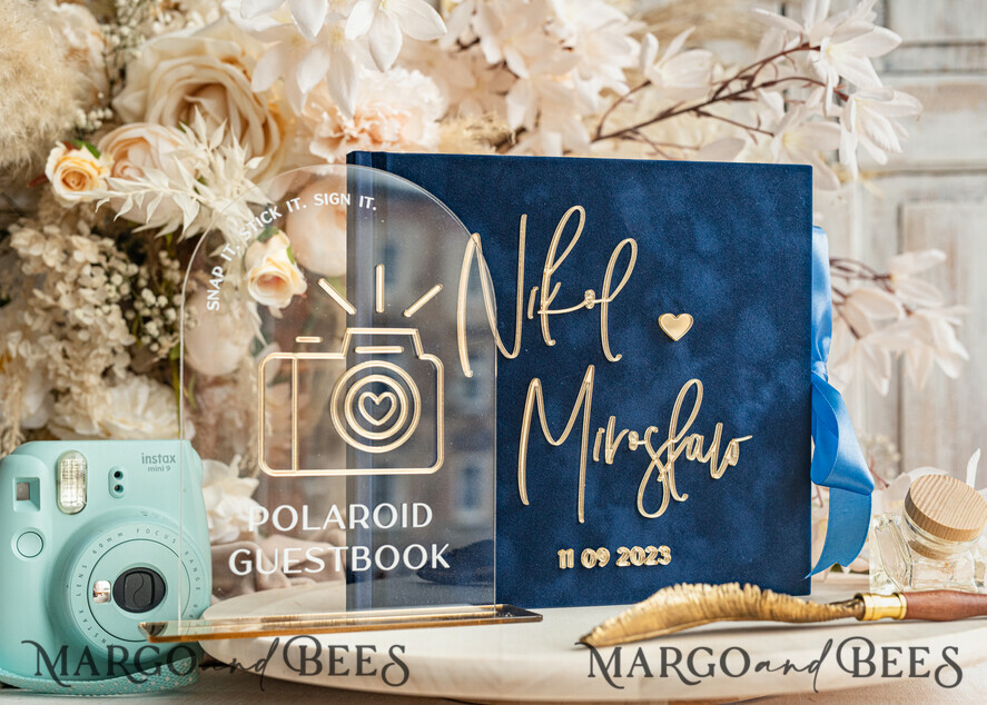 WEDDING GUEST BOOKS Instax Instant Photo Book Navy Blue Gold Acrylic Wedding Guest Book Personalised & sign set, Velvet Dark Blue Instant Photo Book Boho Elegant Instax Wedding Photo Guestbook