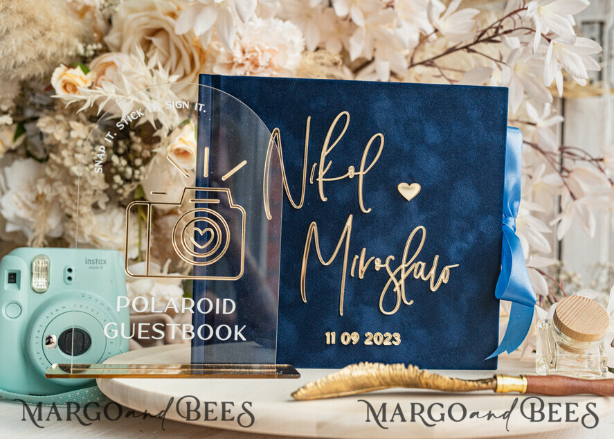 WEDDING GUEST BOOKS Instax Instant Photo Book Navy Blue Gold Acrylic Wedding Guest Book Personalised & sign set, Velvet Dark Blue Instant Photo Book Boho Elegant Instax Wedding Photo Guestbook