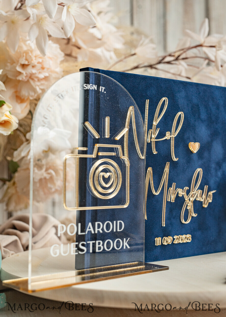 WEDDING GUEST BOOKS Instax Instant Photo Book Navy Blue Gold Acrylic Wedding Guest Book Personalised & sign set, Velvet Dark Blue Instant Photo Book Boho Elegant Instax Wedding Photo Guestbook