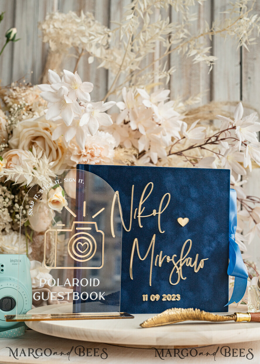 WEDDING GUEST BOOKS Instax Instant Photo Book Navy Blue Gold Acrylic Wedding Guest Book Personalised & sign set, Velvet Dark Blue Instant Photo Book Boho Elegant Instax Wedding Photo Guestbook