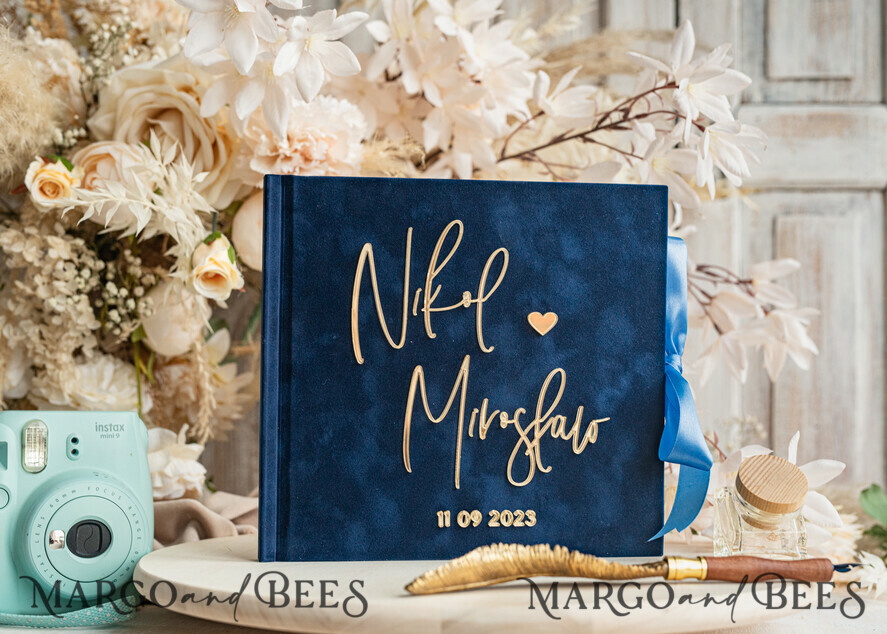 WEDDING GUEST BOOKS Instax Instant Photo Book Navy Blue Gold Acrylic Wedding Guest Book Personalised & sign set, Velvet Dark Blue Instant Photo Book Boho Elegant Instax Wedding Photo Guestbook