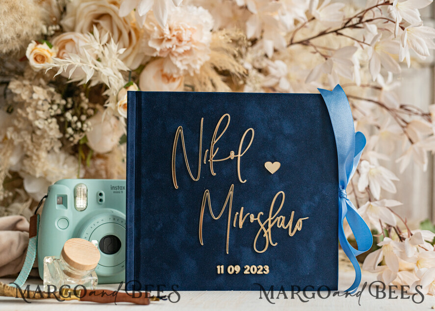 WEDDING GUEST BOOKS Instax Instant Photo Book Navy Blue Gold Acrylic Wedding Guest Book Personalised & sign set, Velvet Dark Blue Instant Photo Book Boho Elegant Instax Wedding Photo Guestbook