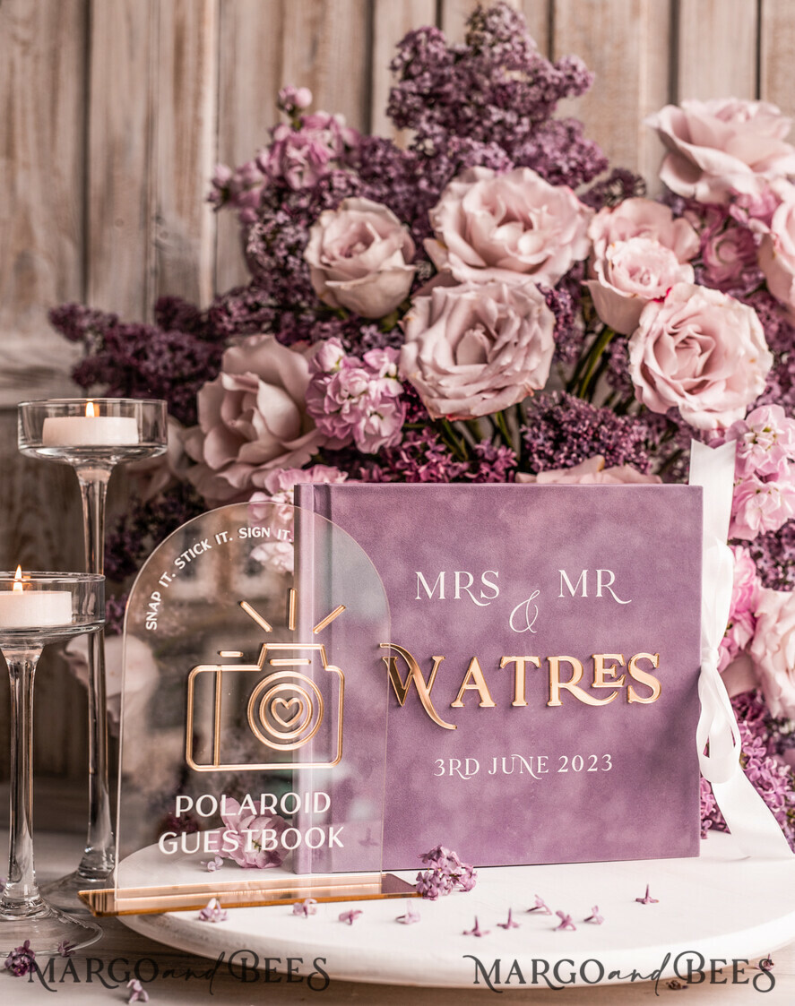 WEDDING GUEST BOOKS Instax Instant Photo Book Mauve Gold Acrylic Wedding Guest Book Personalised and sign set, Velvet dusty Rose Instant Photo Book Boho Elegant Instax Wedding Photo Guestbook, MvS