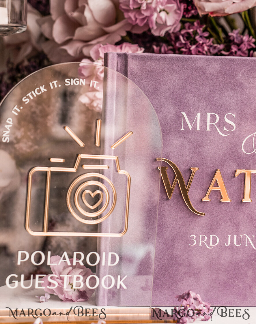 WEDDING GUEST BOOKS Instax Instant Photo Book Mauve Gold Acrylic Wedding Guest Book Personalised and sign set, Velvet dusty Rose Instant Photo Book Boho Elegant Instax Wedding Photo Guestbook, MvS