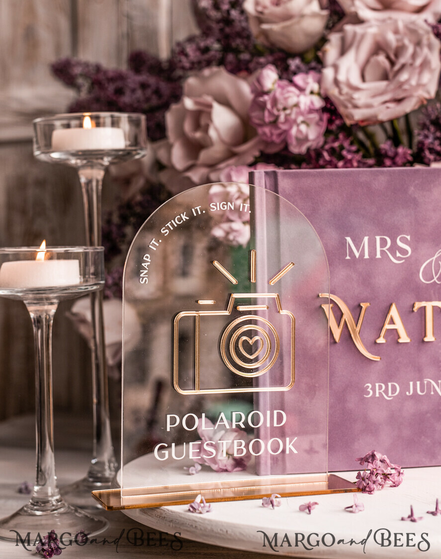 WEDDING GUEST BOOKS Instax Instant Photo Book Mauve Gold Acrylic Wedding Guest Book Personalised and sign set, Velvet dusty Rose Instant Photo Book Boho Elegant Instax Wedding Photo Guestbook, MvS