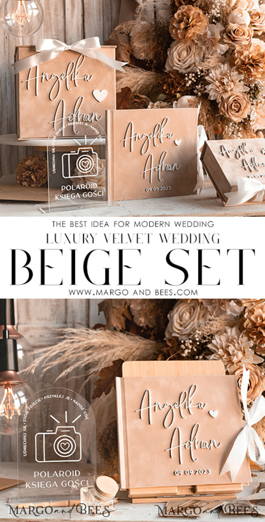 WEDDING GUEST BOOKS Instax Instant Photo Book Wedding Beige Guest Book Personalised and sign set, Velvet Instant Photo Book Boho Elegant Instax Wedding Photo Guestbook
