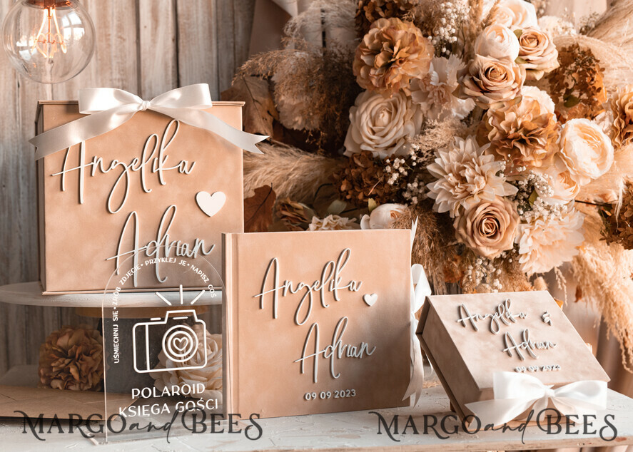WEDDING GUEST BOOKS Instax Instant Photo Book Wedding Beige Guest Book Personalised and sign set, Velvet Instant Photo Book Boho Elegant Instax Wedding Photo Guestbook