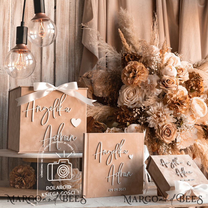 WEDDING GUEST BOOKS Instax Instant Photo Book Wedding Beige Guest Book Personalised and sign set, Velvet Instant Photo Book Boho Elegant Instax Wedding Photo Guestbook