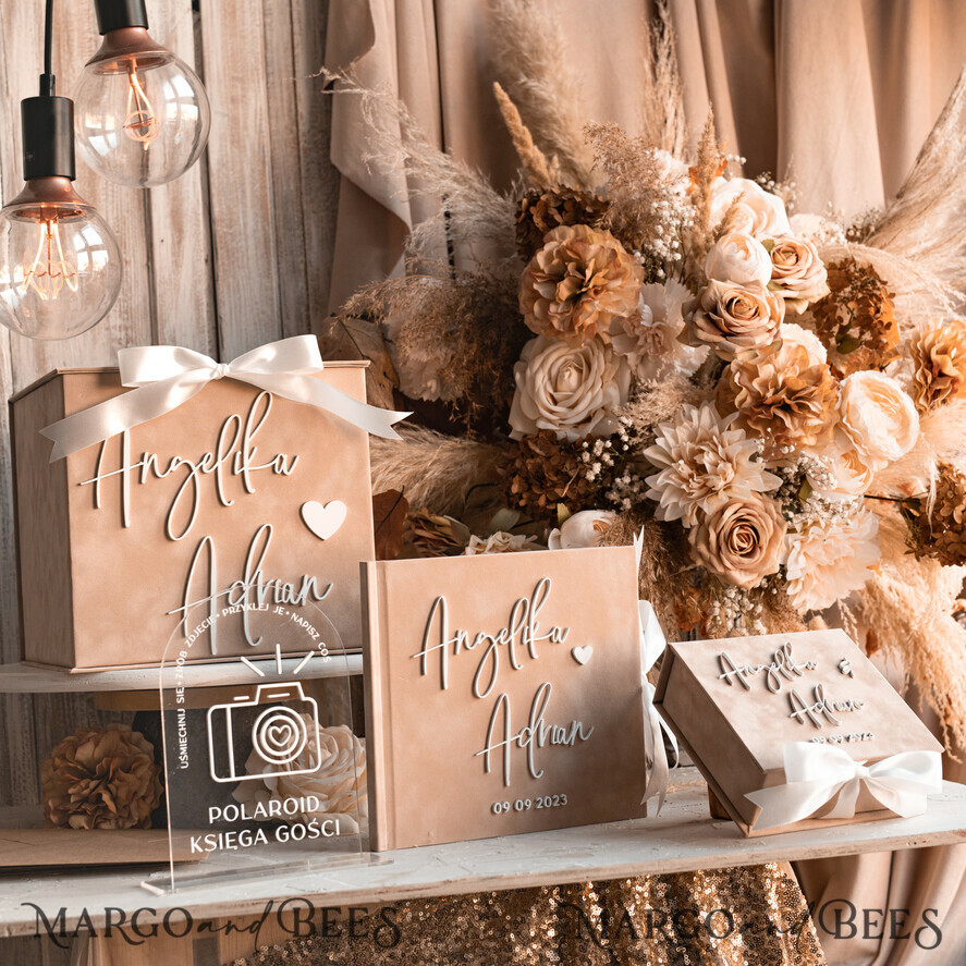 WEDDING GUEST BOOKS Instax Instant Photo Book Wedding Beige Guest Book Personalised and sign set, Velvet Instant Photo Book Boho Elegant Instax Wedding Photo Guestbook