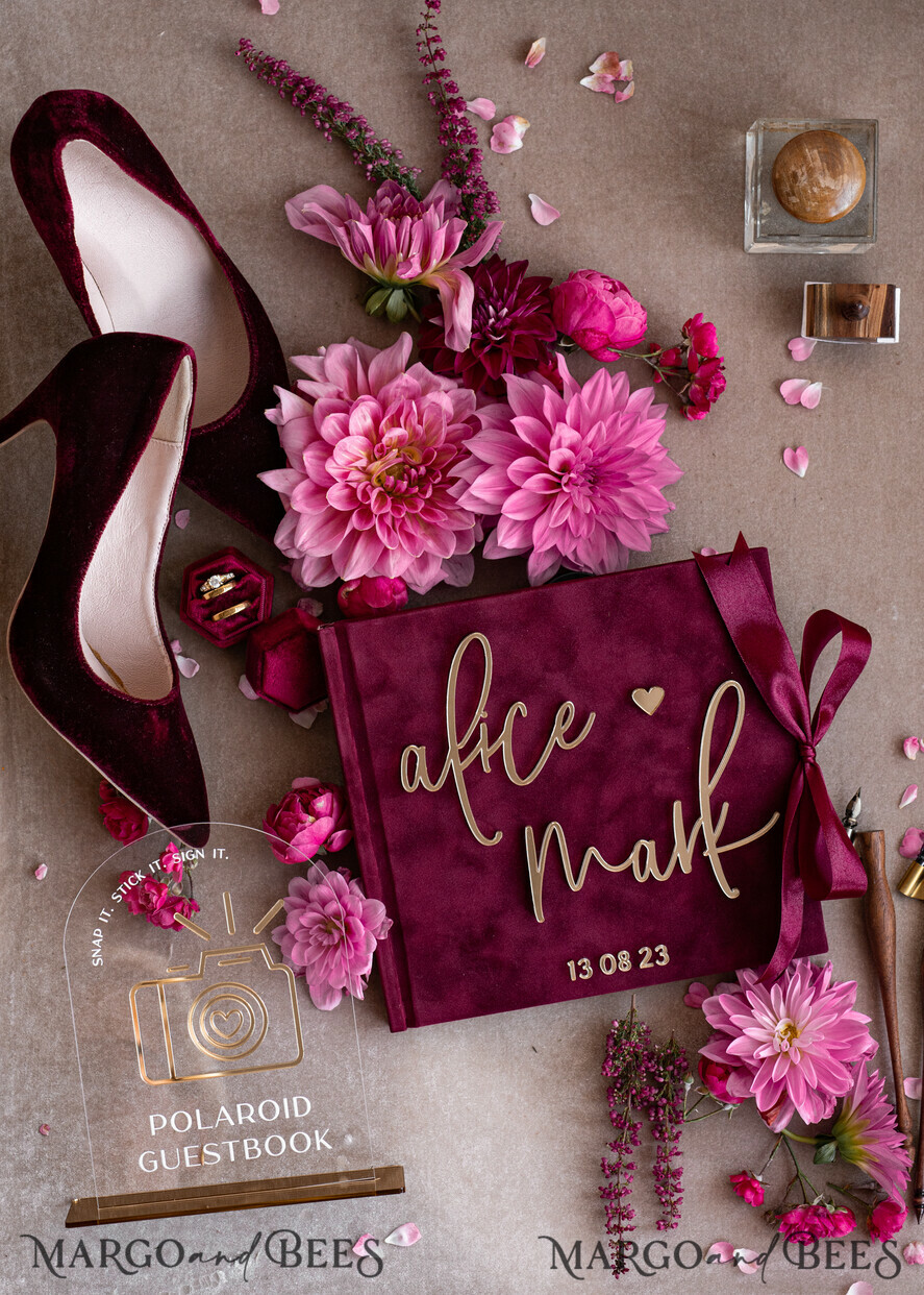 WEDDING GUEST BOOKS Instax Instant Photo Book Maroon Gold Acrylic Wedding Guest Book Personalised and sign set, Velvet Garden Burgundy Instant Photo Book Boho Elegant Marsala Instax Wedding Photo Guestbook