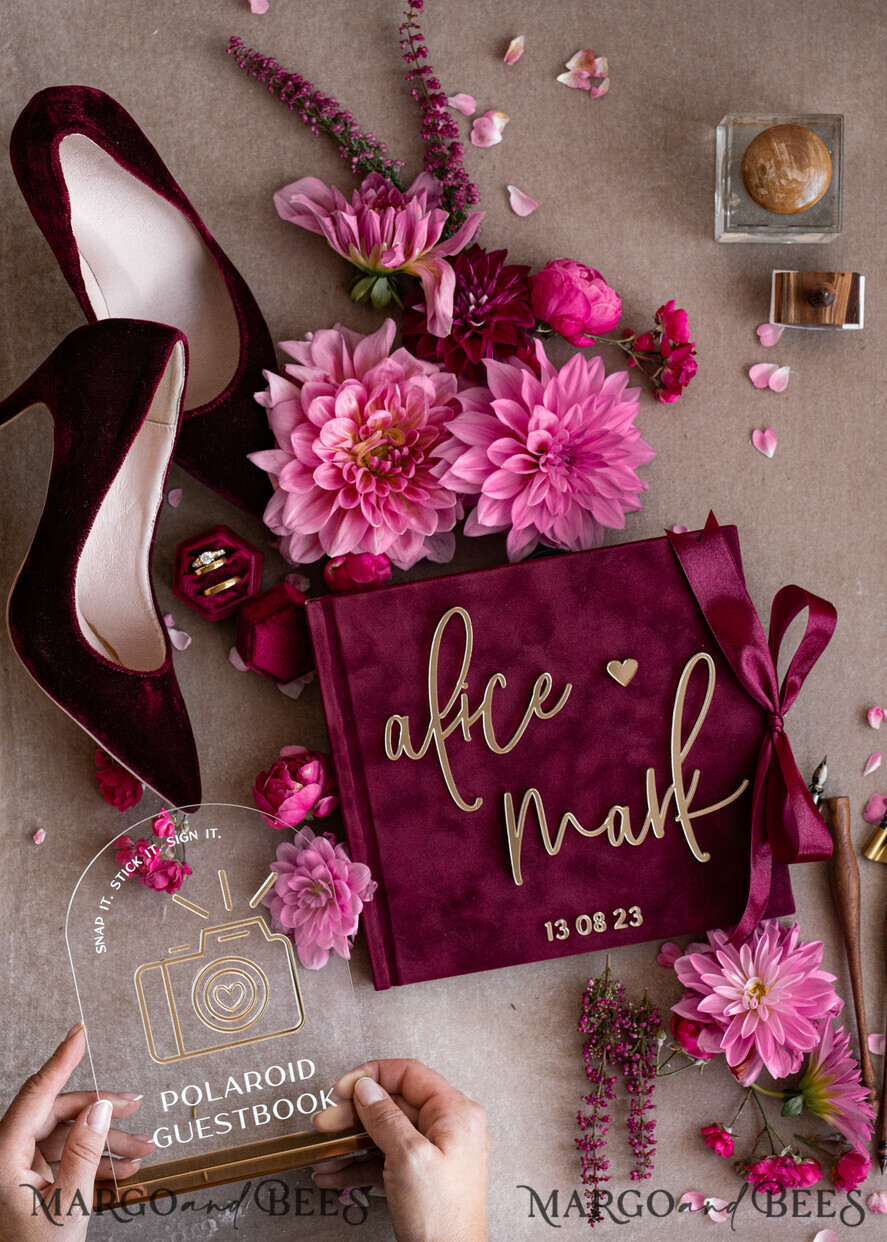 WEDDING GUEST BOOKS Instax Instant Photo Book Maroon Gold Acrylic Wedding Guest Book Personalised and sign set, Velvet Garden Burgundy Instant Photo Book Boho Elegant Marsala Instax Wedding Photo Guestbook