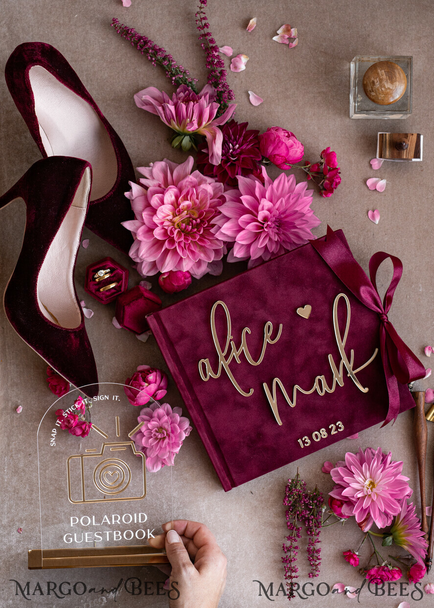 WEDDING GUEST BOOKS Instax Instant Photo Book Maroon Gold Acrylic Wedding Guest Book Personalised and sign set, Velvet Garden Burgundy Instant Photo Book Boho Elegant Marsala Instax Wedding Photo Guestbook