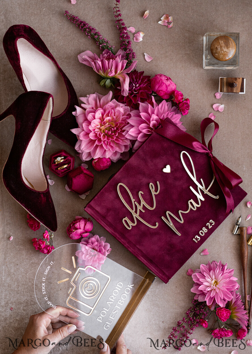 WEDDING GUEST BOOKS Instax Instant Photo Book Maroon Gold Acrylic Wedding Guest Book Personalised and sign set, Velvet Garden Burgundy Instant Photo Book Boho Elegant Marsala Instax Wedding Photo Guestbook