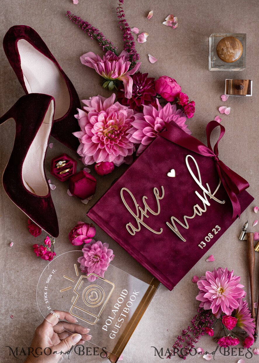 WEDDING GUEST BOOKS Instax Instant Photo Book Maroon Gold Acrylic Wedding Guest Book Personalised and sign set, Velvet Garden Burgundy Instant Photo Book Boho Elegant Marsala Instax Wedding Photo Guestbook