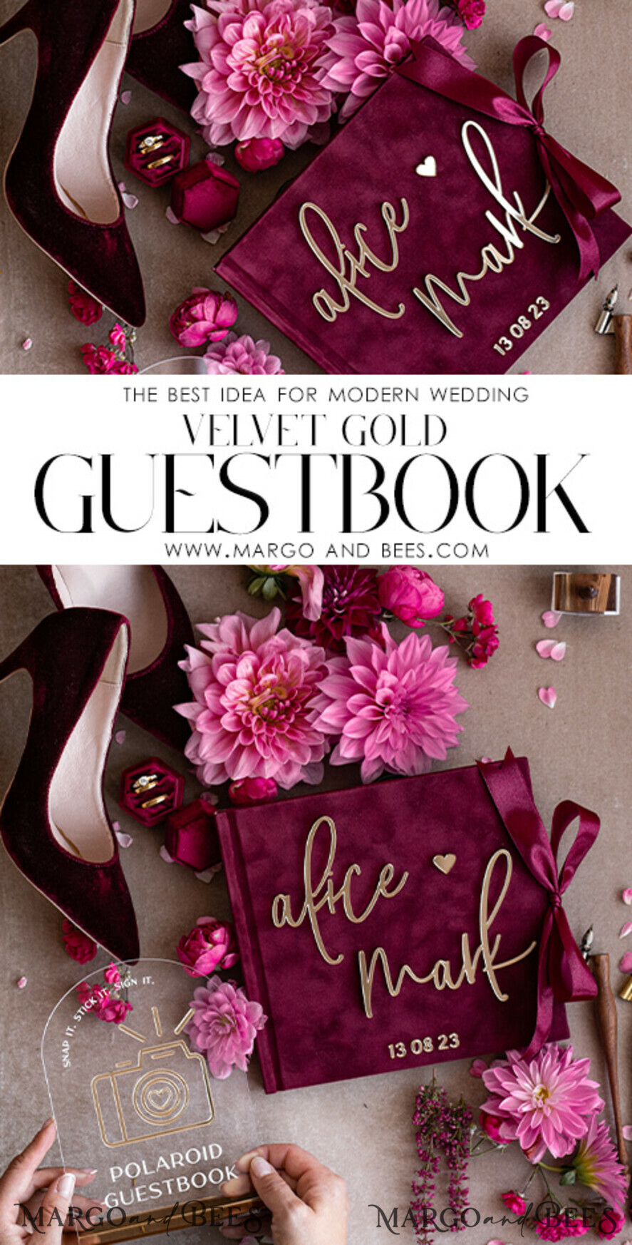 WEDDING GUEST BOOKS Instax Instant Photo Book Maroon Gold Acrylic Wedding Guest Book Personalised and sign set, Velvet Garden Burgundy Instant Photo Book Boho Elegant Marsala Instax Wedding Photo Guestbook