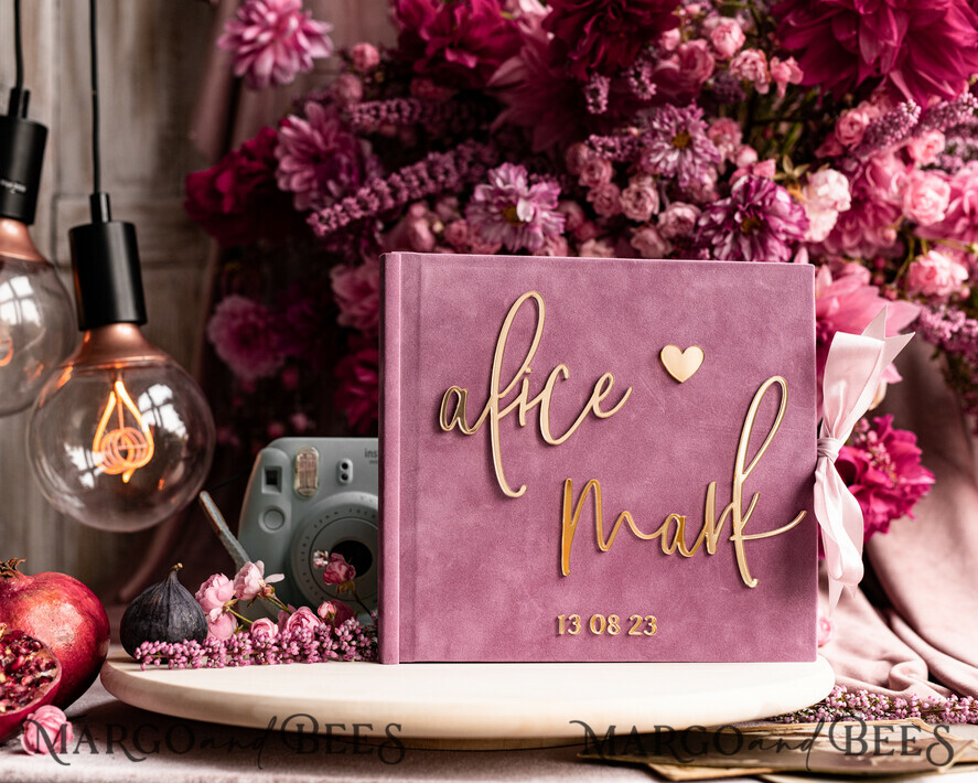 WEDDING GUEST BOOKS Instax Instant Photo Book Mauve Gold Acrylic Wedding Guest Book Personalised, Velvet Dusty Rose Instant Photo Book Boho Elegant Instax Wedding Photo Guestbook