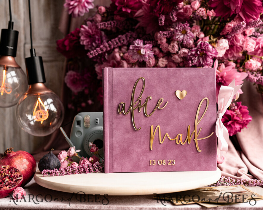 WEDDING GUEST BOOKS Instax Instant Photo Book Mauve Gold Acrylic Wedding Guest Book Personalised, Velvet Dusty Rose Instant Photo Book Boho Elegant Instax Wedding Photo Guestbook