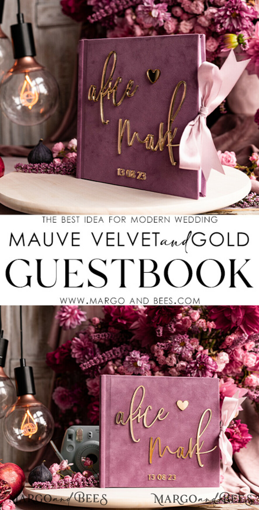 WEDDING GUEST BOOKS Instax Instant Photo Book Mauve Gold Acrylic Wedding Guest Book Personalised, Velvet Dusty Rose Instant Photo Book Boho Elegant Instax Wedding Photo Guestbook
