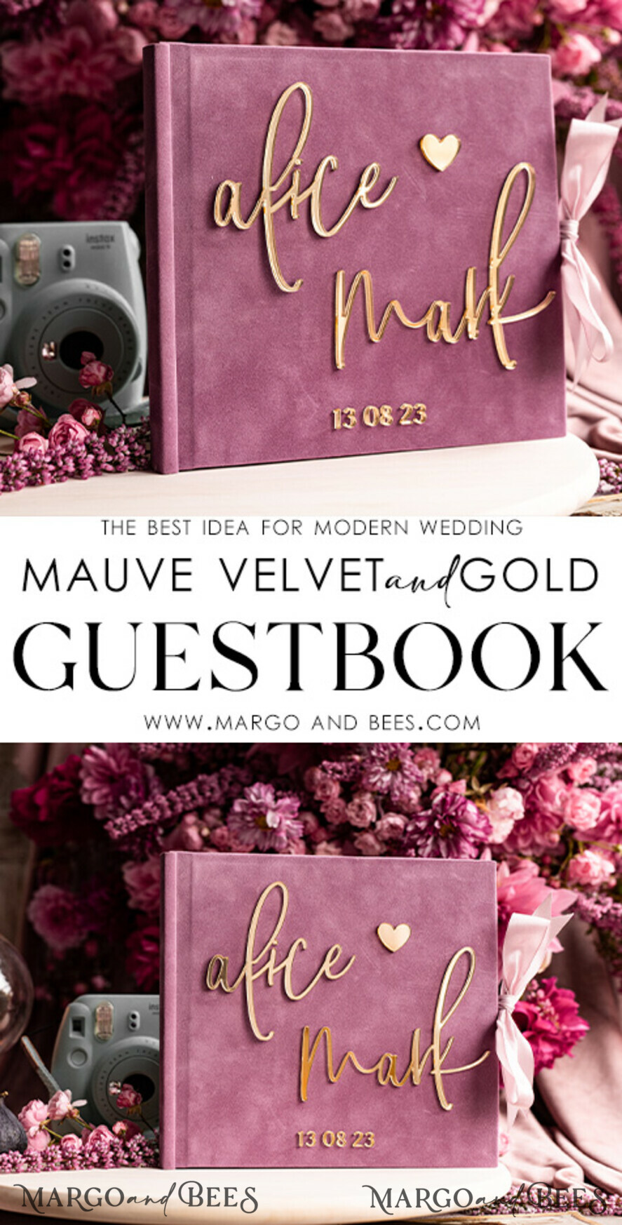 WEDDING GUEST BOOKS Instax Instant Photo Book Mauve Gold Acrylic Wedding Guest Book Personalised, Velvet Dusty Rose Instant Photo Book Boho Elegant Instax Wedding Photo Guestbook