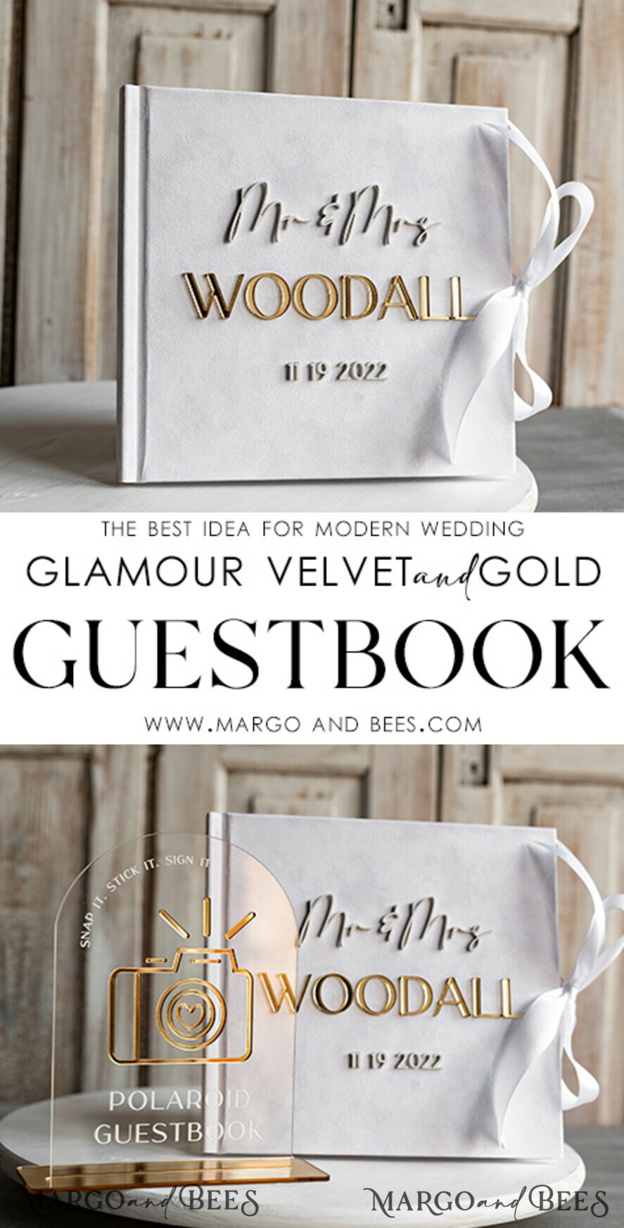 WEDDING GUEST BOOKS Instax Instant Photo Book Pure White Gold Acrylic Wedding Guest Book Personalised and sign set, Velvet white Instant Photo Book Boho Elegant Instax Wedding Photo Guestbook