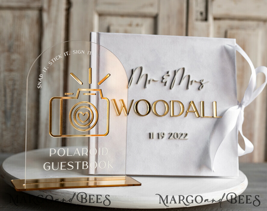 WEDDING GUEST BOOKS Instax Instant Photo Book Pure White Gold Acrylic Wedding Guest Book Personalised and sign set, Velvet white Instant Photo Book Boho Elegant Instax Wedding Photo Guestbook