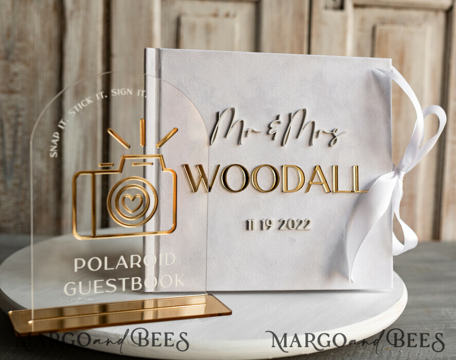 WEDDING GUEST BOOKS Instax Instant Photo Book Pure White Gold Acrylic Wedding Guest Book Personalised and sign set, Velvet white Instant Photo Book Boho Elegant Instax Wedding Photo Guestbook