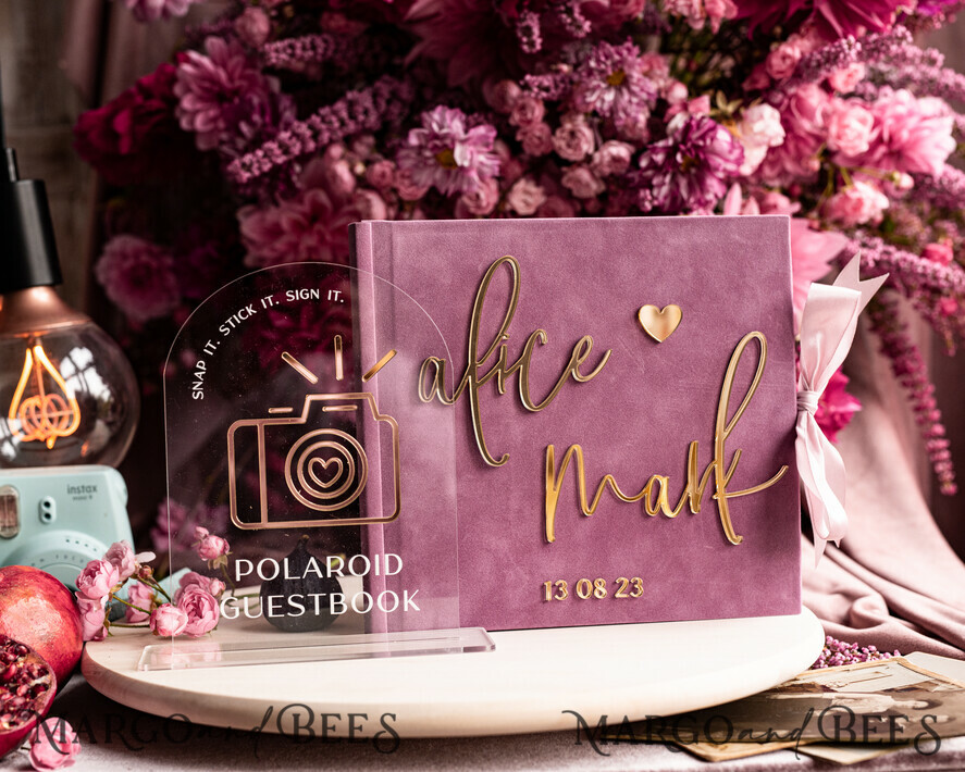 WEDDING GUEST BOOKS Instax Instant Photo Book Mauve Gold Acrylic Wedding Guest Book Personalised and sign set, Velvet dusty Rose Instant Photo Book Boho Elegant Instax Wedding Photo Guestbook