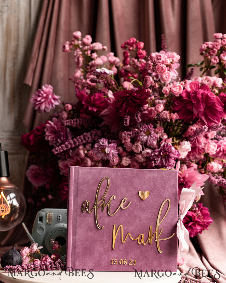 WEDDING GUEST BOOKS Instax Instant Photo Book Mauve Gold Acrylic Wedding Guest Book Personalised and sign set, Velvet dusty Rose Instant Photo Book Boho Elegant Instax Wedding Photo Guestbook