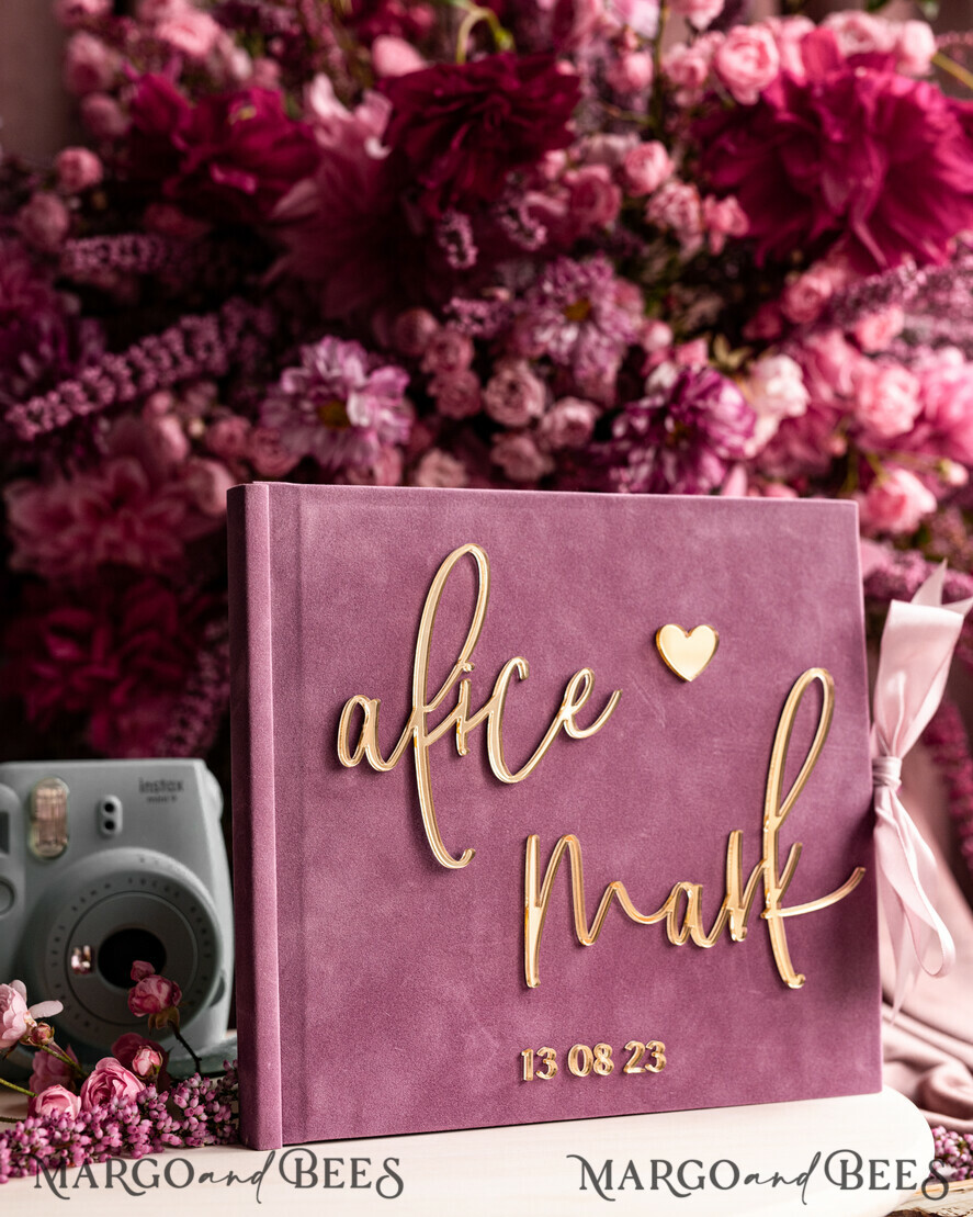 WEDDING GUEST BOOKS Instax Instant Photo Book Mauve Gold Acrylic Wedding Guest Book Personalised and sign set, Velvet dusty Rose Instant Photo Book Boho Elegant Instax Wedding Photo Guestbook