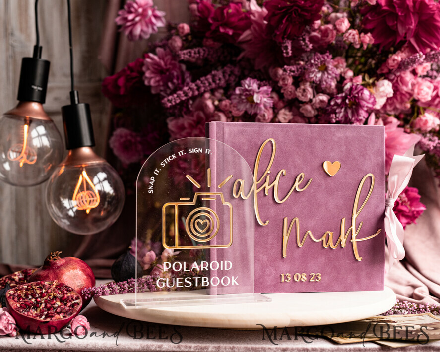 WEDDING GUEST BOOKS Instax Instant Photo Book Mauve Gold Acrylic Wedding Guest Book Personalised and sign set, Velvet dusty Rose Instant Photo Book Boho Elegant Instax Wedding Photo Guestbook