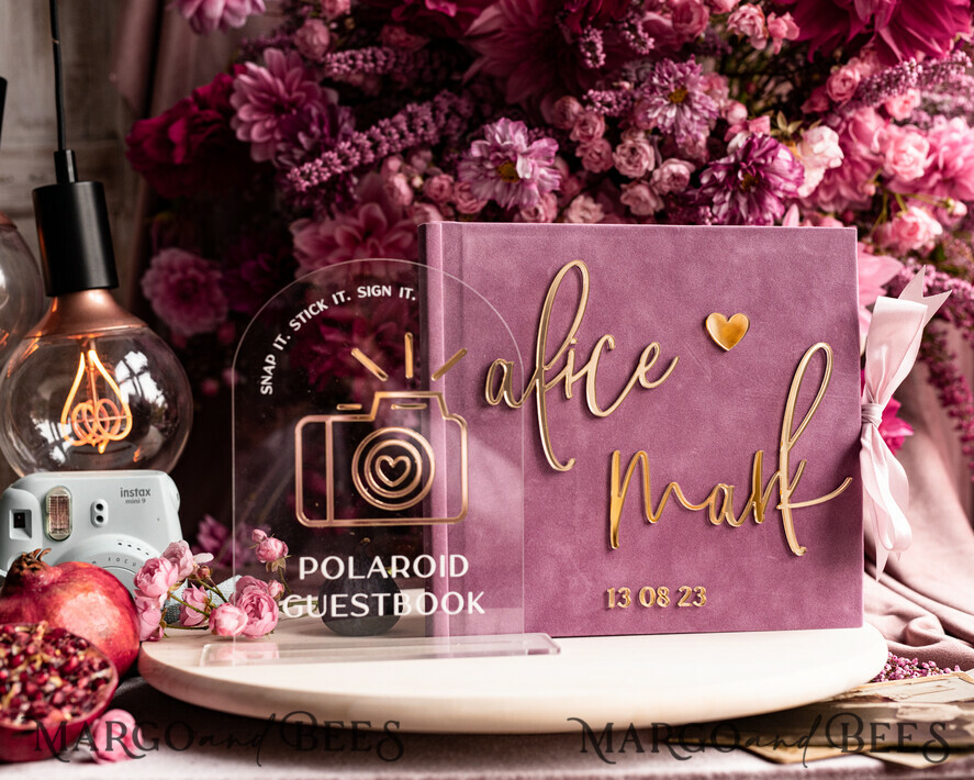 WEDDING GUEST BOOKS Instax Instant Photo Book Mauve Gold Acrylic Wedding Guest Book Personalised and sign set, Velvet dusty Rose Instant Photo Book Boho Elegant Instax Wedding Photo Guestbook