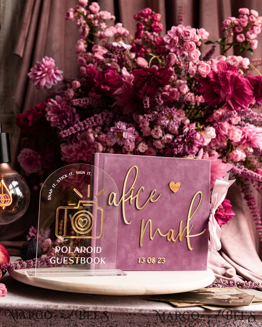 WEDDING GUEST BOOKS Instax Instant Photo Book Mauve Gold Acrylic Wedding Guest Book Personalised and sign set, Velvet dusty Rose Instant Photo Book Boho Elegant Instax Wedding Photo Guestbook