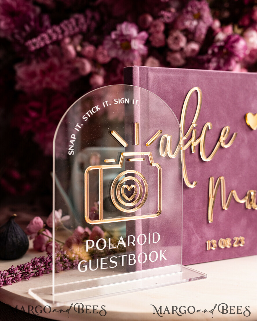 WEDDING GUEST BOOKS Instax Instant Photo Book Mauve Gold Acrylic Wedding Guest Book Personalised and sign set, Velvet dusty Rose Instant Photo Book Boho Elegant Instax Wedding Photo Guestbook