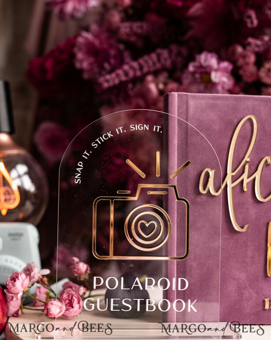 WEDDING GUEST BOOKS Instax Instant Photo Book Mauve Gold Acrylic Wedding Guest Book Personalised and sign set, Velvet dusty Rose Instant Photo Book Boho Elegant Instax Wedding Photo Guestbook