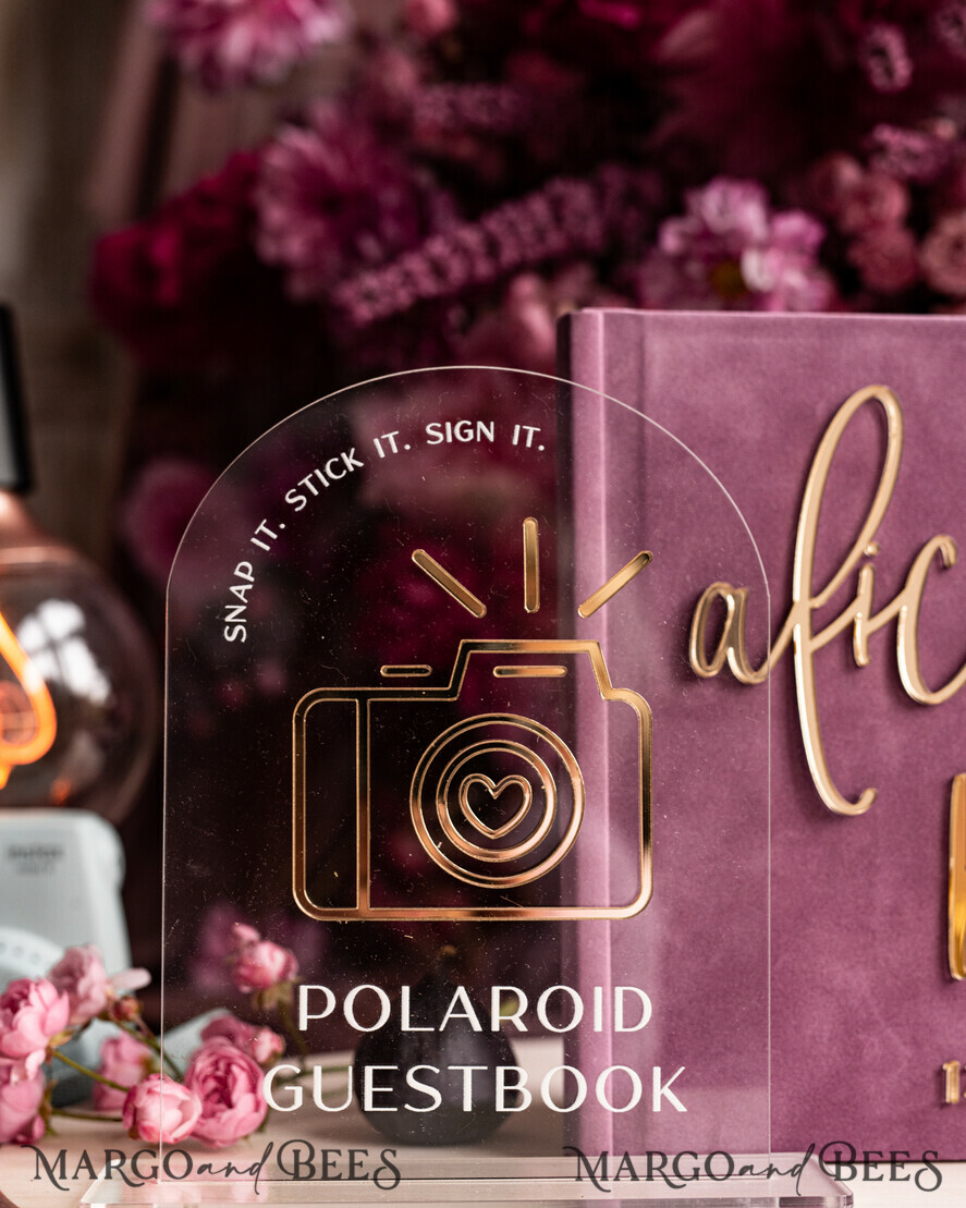 WEDDING GUEST BOOKS Instax Instant Photo Book Mauve Gold Acrylic Wedding Guest Book Personalised and sign set, Velvet dusty Rose Instant Photo Book Boho Elegant Instax Wedding Photo Guestbook