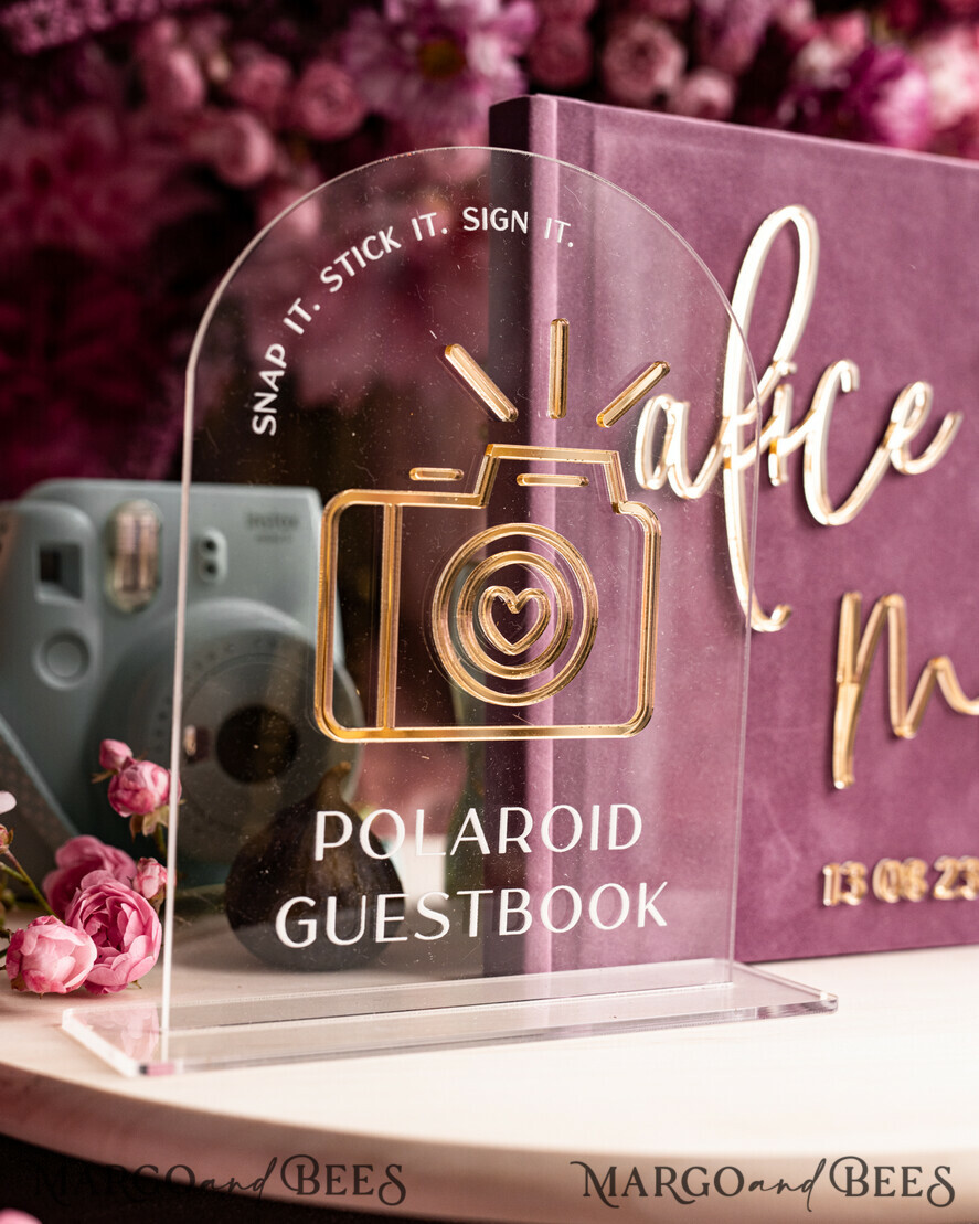 WEDDING GUEST BOOKS Instax Instant Photo Book Mauve Gold Acrylic Wedding Guest Book Personalised and sign set, Velvet dusty Rose Instant Photo Book Boho Elegant Instax Wedding Photo Guestbook