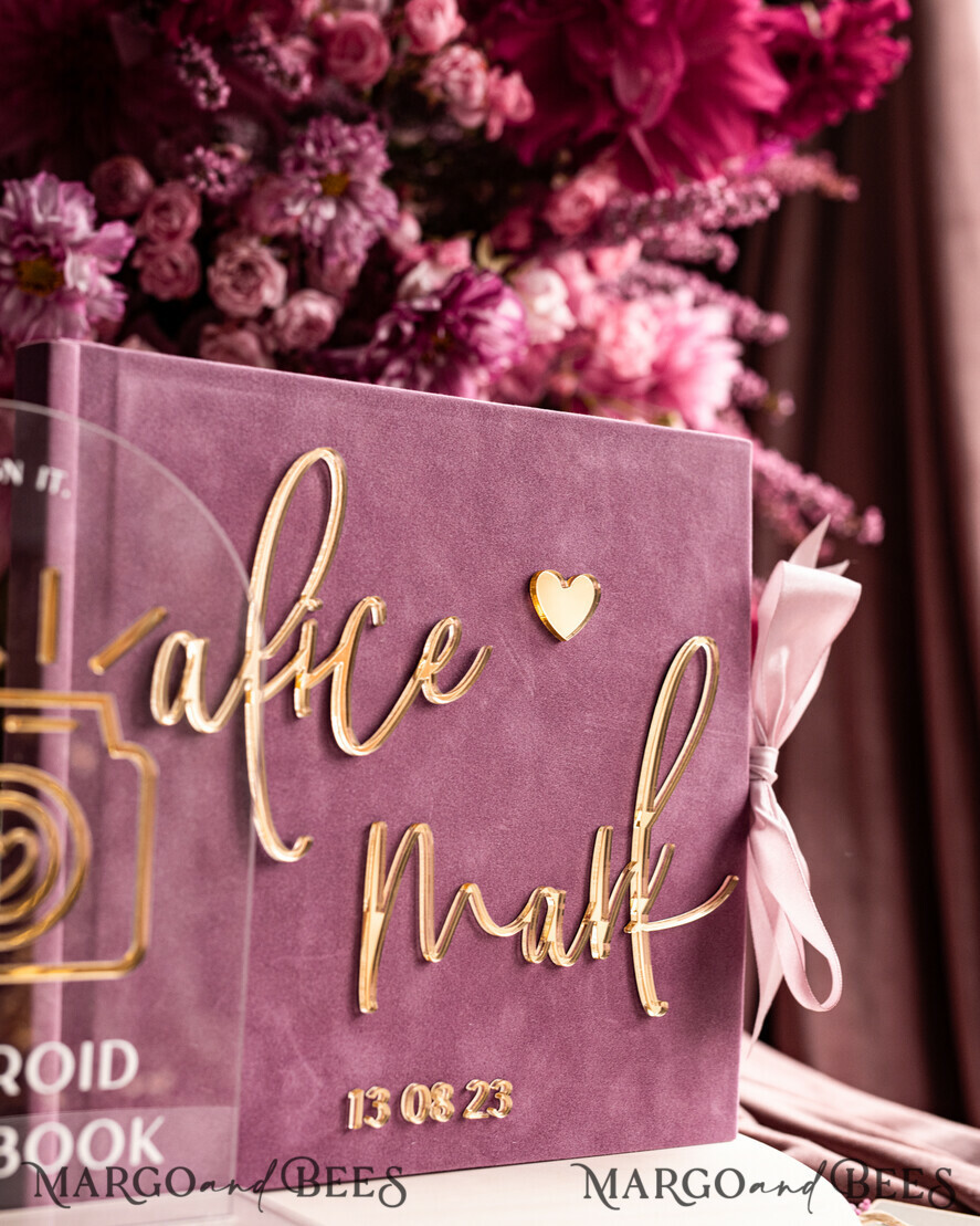 WEDDING GUEST BOOKS Instax Instant Photo Book Mauve Gold Acrylic Wedding Guest Book Personalised and sign set, Velvet dusty Rose Instant Photo Book Boho Elegant Instax Wedding Photo Guestbook