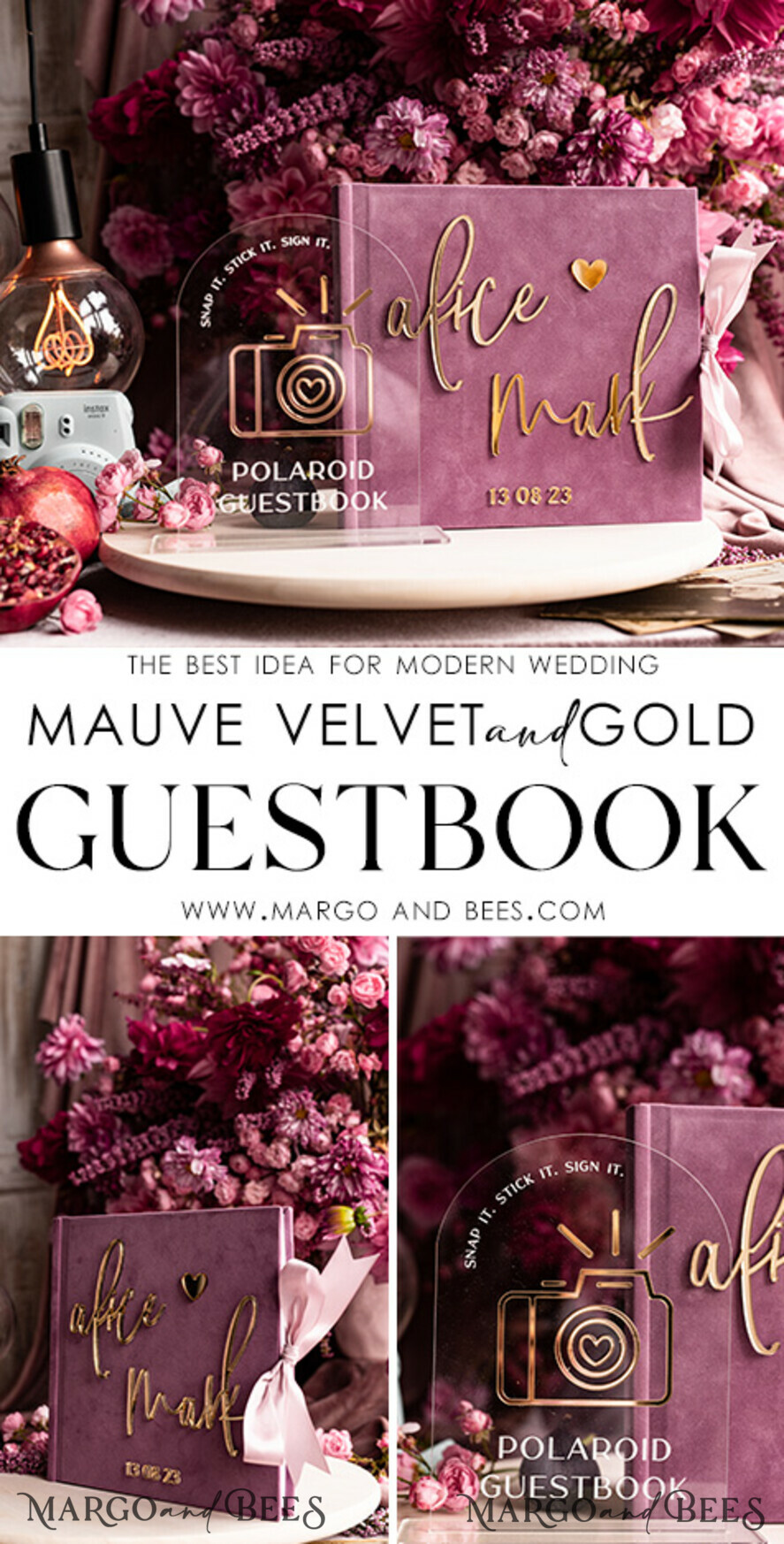 WEDDING GUEST BOOKS Instax Instant Photo Book Mauve Gold Acrylic Wedding Guest Book Personalised and sign set, Velvet dusty Rose Instant Photo Book Boho Elegant Instax Wedding Photo Guestbook