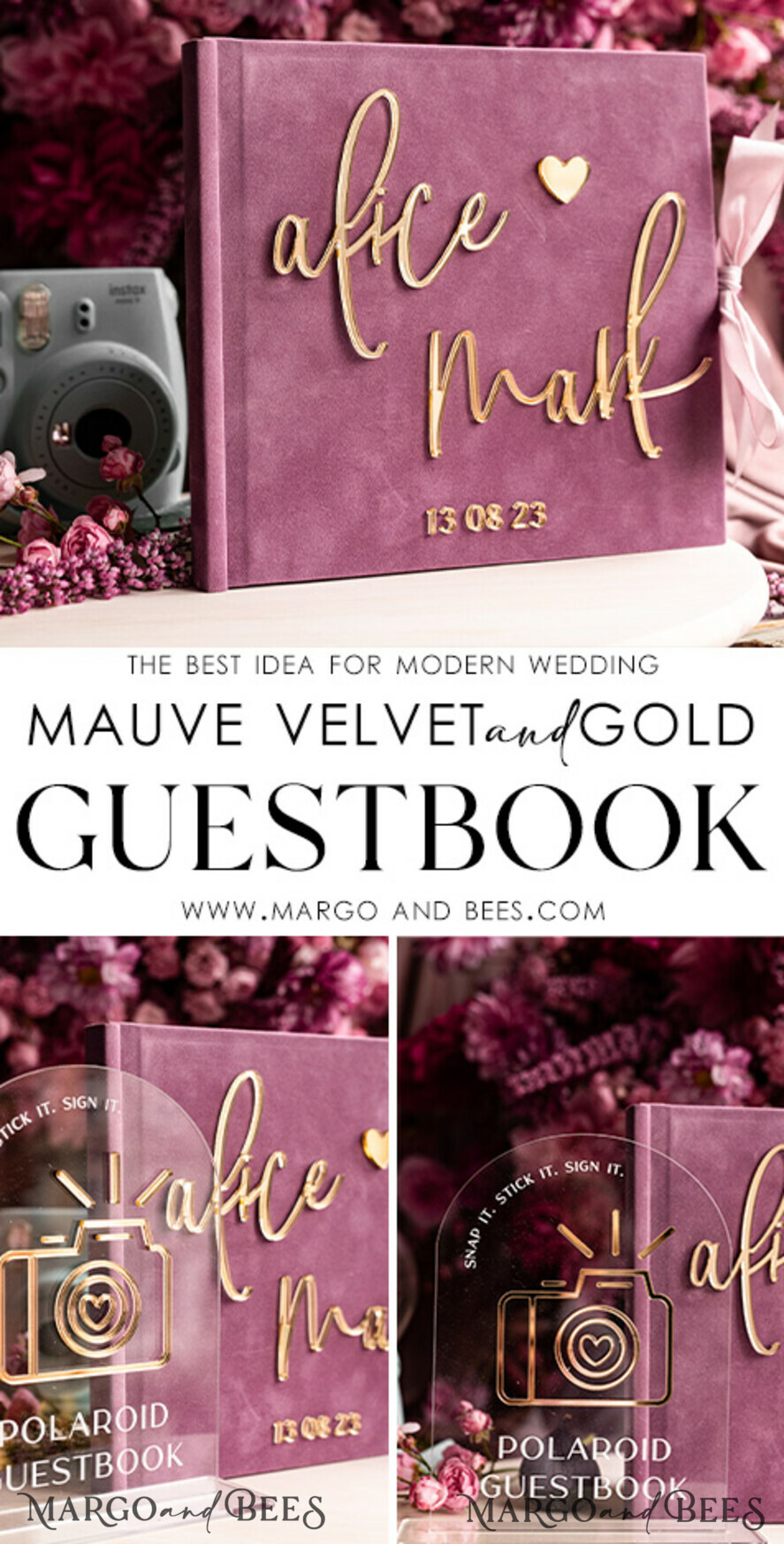 WEDDING GUEST BOOKS Instax Instant Photo Book Mauve Gold Acrylic Wedding Guest Book Personalised and sign set, Velvet dusty Rose Instant Photo Book Boho Elegant Instax Wedding Photo Guestbook