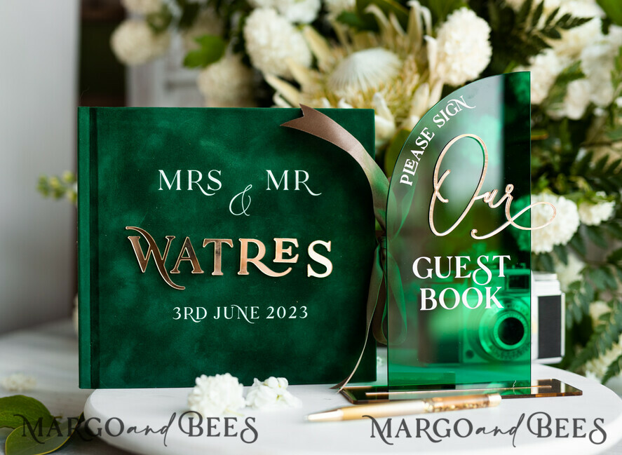 WEDDING GUEST BOOKS Instax Instant Photo Book Emerald Green Acrylic and Velvet Wedding Guest Book Personalised & sign set, Greenery elegant Instant Photo Book Boho Elegant Instax Guestbook, sGA