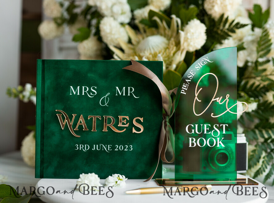 WEDDING GUEST BOOKS Instax Instant Photo Book Emerald Green Acrylic and Velvet Wedding Guest Book Personalised & sign set, Greenery elegant Instant Photo Book Boho Elegant Instax Guestbook, sGA