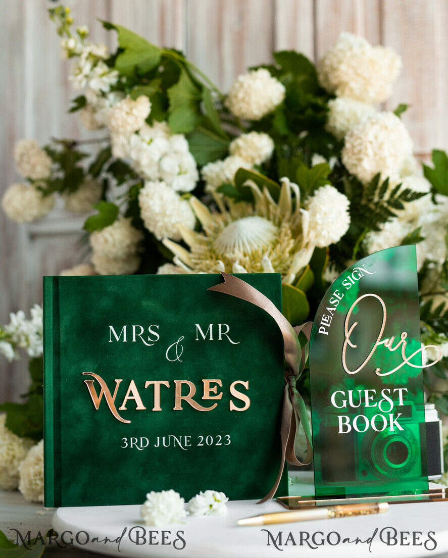 WEDDING GUEST BOOKS Instax Instant Photo Book Emerald Green Acrylic and Velvet Wedding Guest Book Personalised & sign set, Greenery elegant Instant Photo Book Boho Elegant Instax Guestbook, sGA