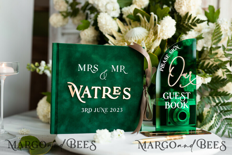 WEDDING GUEST BOOKS Instax Instant Photo Book Emerald Green Acrylic and Velvet Wedding Guest Book Personalised & sign set, Greenery elegant Instant Photo Book Boho Elegant Instax Guestbook, sGA