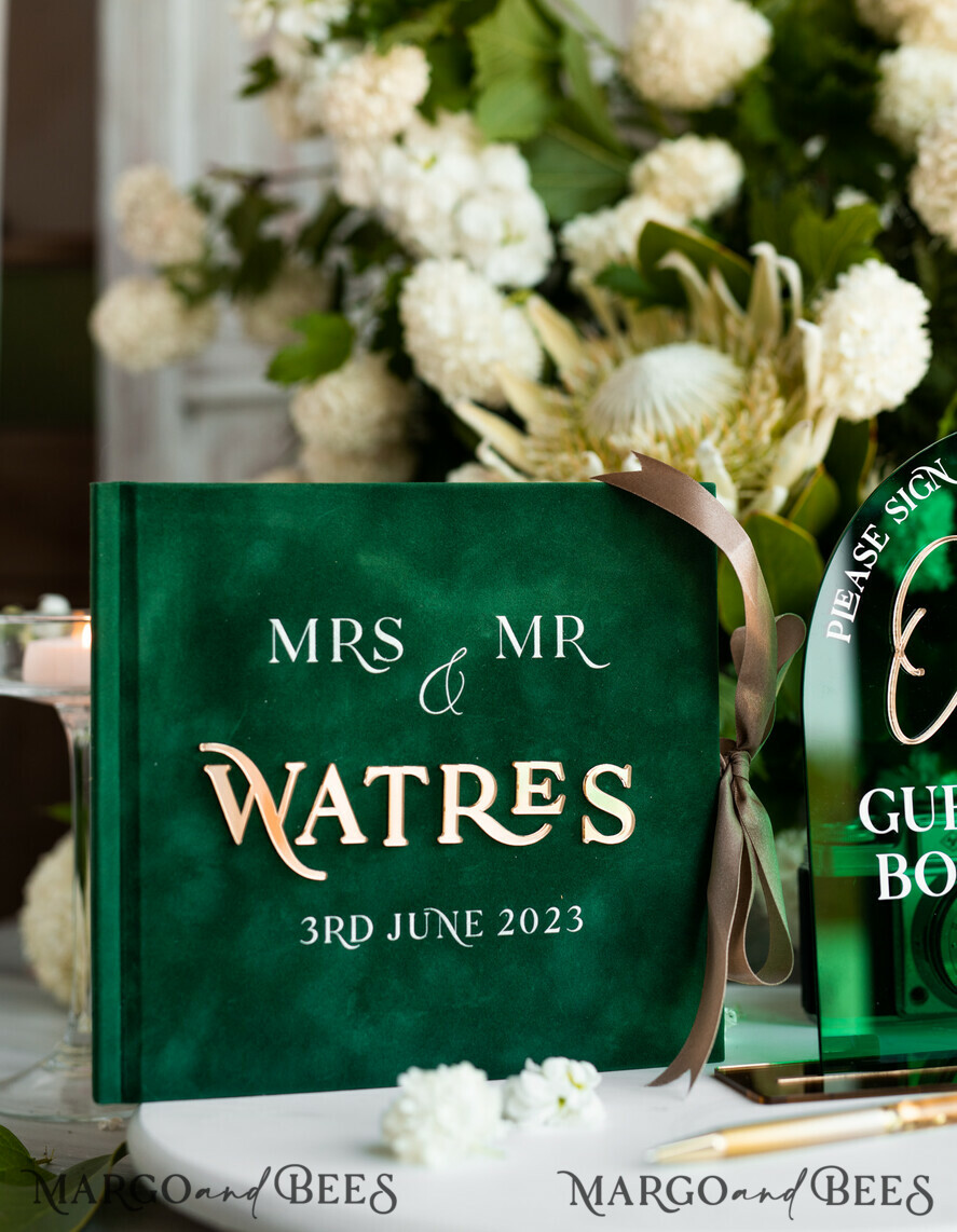WEDDING GUEST BOOKS Instax Instant Photo Book Emerald Green Acrylic and Velvet Wedding Guest Book Personalised & sign set, Greenery elegant Instant Photo Book Boho Elegant Instax Guestbook, sGA