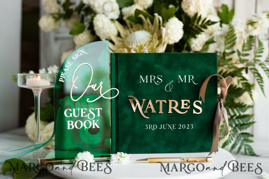 WEDDING GUEST BOOKS Instax Instant Photo Book Emerald Green Acrylic and Velvet Wedding Guest Book Personalised & sign set, Greenery elegant Instant Photo Book Boho Elegant Instax Guestbook, sGA