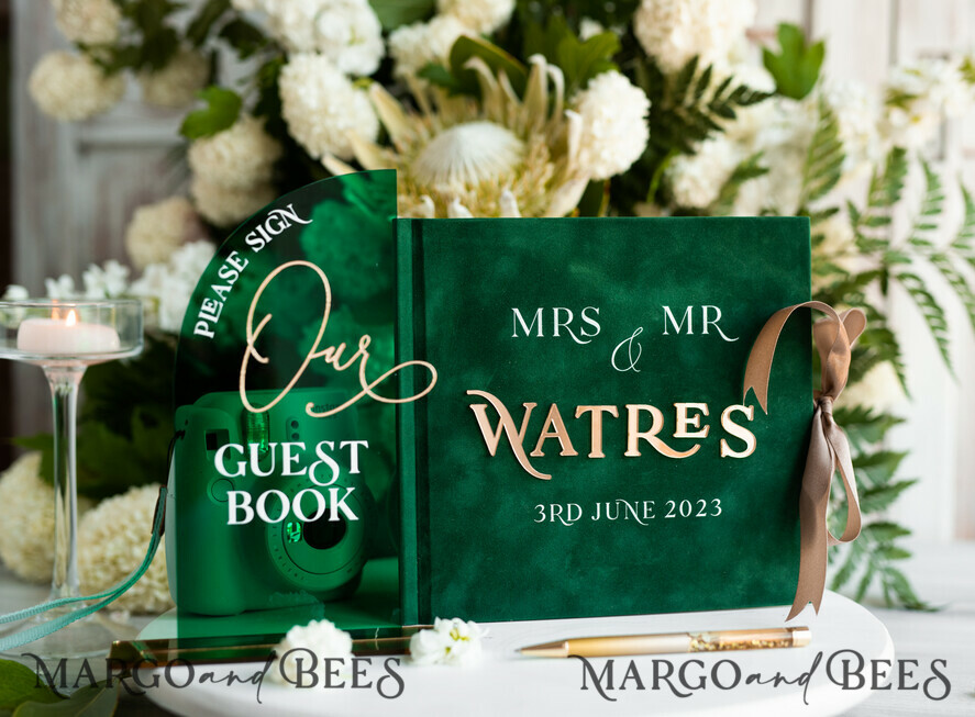 WEDDING GUEST BOOKS Instax Instant Photo Book Emerald Green Acrylic and Velvet Wedding Guest Book Personalised & sign set, Greenery elegant Instant Photo Book Boho Elegant Instax Guestbook, sGA