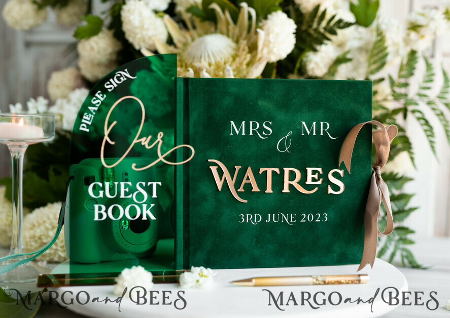 WEDDING GUEST BOOKS Instax Instant Photo Book Emerald Green Acrylic and Velvet Wedding Guest Book Personalised & sign set, Greenery elegant Instant Photo Book Boho Elegant Instax Guestbook, sGA
